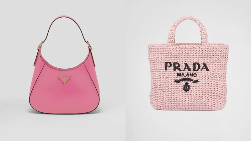 Prada 中號皮革肩背包 NT.100,000、Prada 小號拉菲草手提包 NT.58,000 Prada 中號皮革肩背包 NT.100,000、Prada 小號拉菲草手提包 NT.58,000