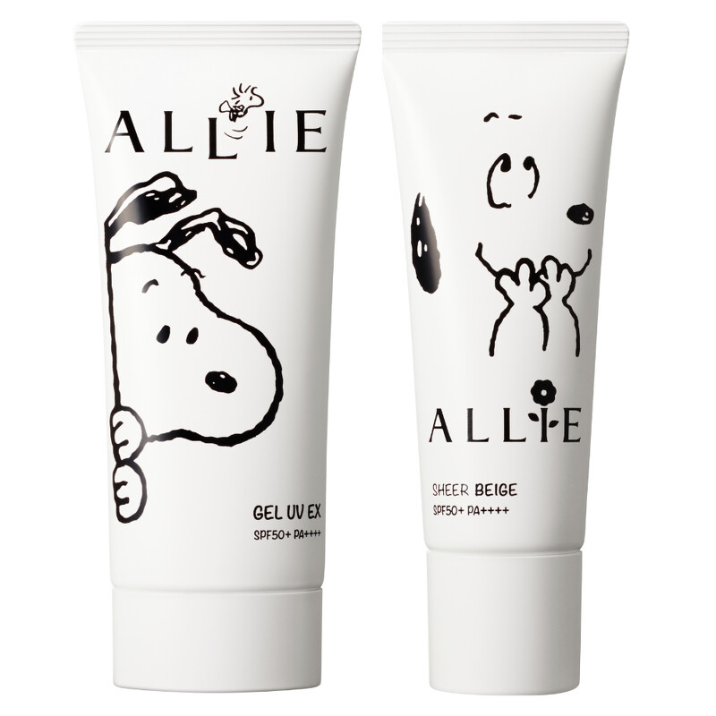 (左)ALLIE 持采UV高效防曬水凝乳EXP限定設計款SN 90g，NT850。(右)ALLIE 持采濾鏡調色UV防曬乳(木質調勻妍)限定設計款SN 40g，NT730