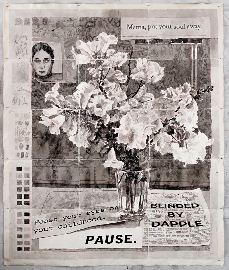 威廉．肯特里奇，《媽媽您別擔心》，2022，印度墨、彩色鉛筆、手工麻纖紙、粗畫布托裱，228.6 × 191.8公分。私人收藏。圖像由藝術家提供。