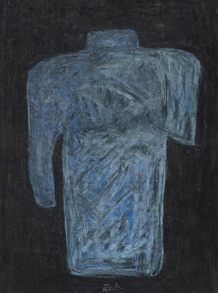 許雨仁,《阿嬤的衫》,1974,水性顏料、蠟筆、墨、報紙,51.3×38.2公分,藝術家自藏。圖片提供:臺北市立美術館。 許雨仁,《阿嬤的衫》,1974,水性顏料、蠟筆、墨、報紙,51.3×38.2公分,藝術家自藏。圖片提供:臺北市立美術館。