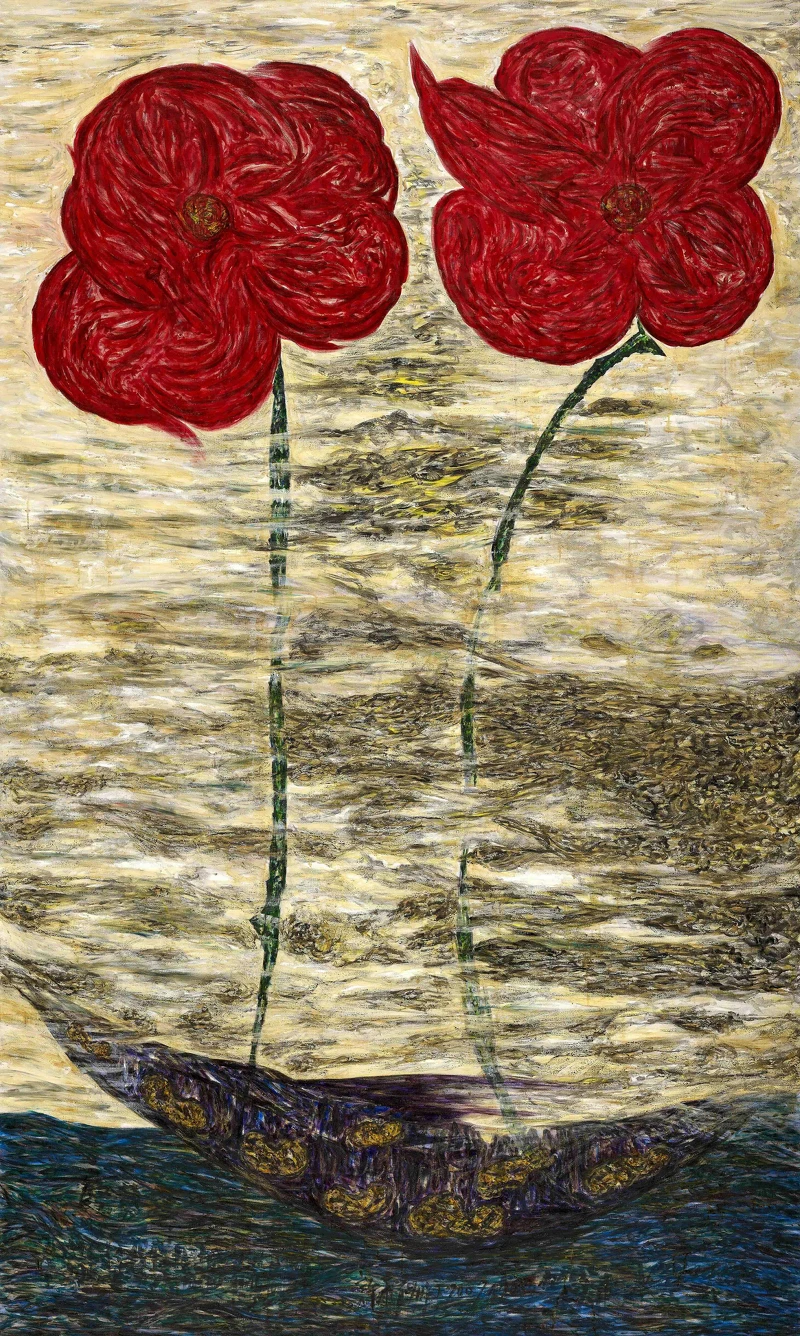 許雨仁,《花與船》,2007,油彩、畫布,300×180公分,私人收藏。圖片提供:臺北市立美術館。 許雨仁,《花與船》,2007,油彩、畫布,300×180公分,私人收藏。圖片提供:臺北市立美術館。