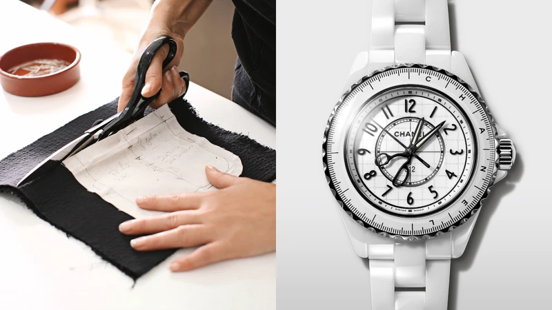 J12 Couture 33毫米腕錶（右），白色抗磨陶瓷及霧面黑色塗層精鋼錶殼，搭載高精度石英機芯。