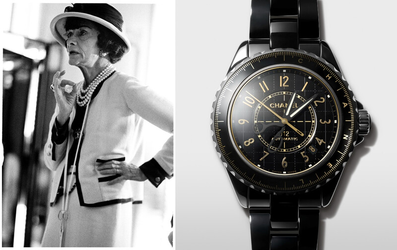 （左）工作中的香奈兒女士，脖子上掛著裁縫用剪刀。（右）J12 Couture 38毫米腕錶，黑色抗磨陶瓷及霧面黑色塗層精鋼錶殼，搭載Caliber 12.1自動上鍊機械機芯。