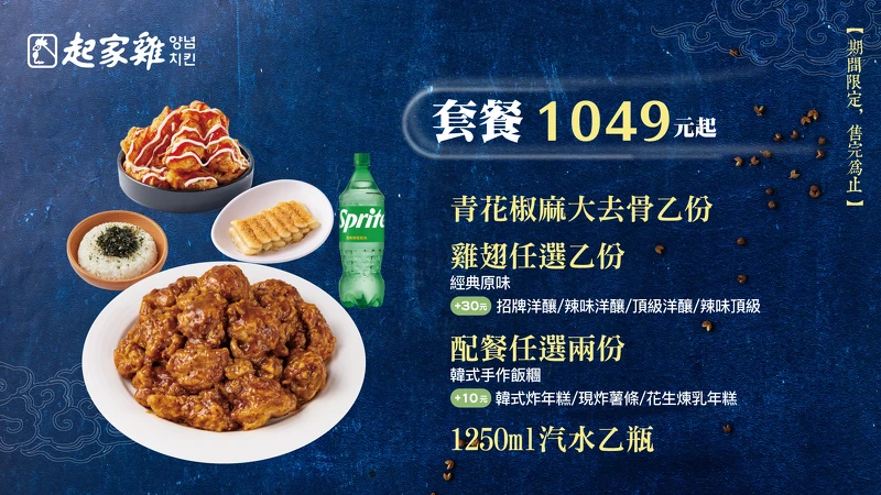 「青花椒麻炸雞套餐」，內含一份青花椒麻大去骨炸雞、一份雞翅加上兩份配餐及汽水一瓶，售價1049元起。
