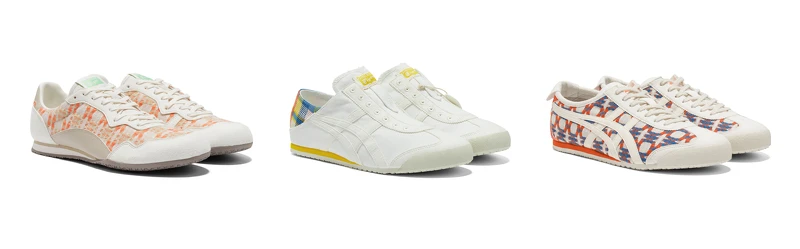 DOITUNG聯名米橘手工編織圖紋SERRANO CL，建議售價NT4,880。DOITUNG聯名白底手工編織彩色格紋MEXICO 66 PARATY，建議售價NT3,880。DOITUNG聯名藍紅手工編織圖紋 MEXICO 66，建議售價NT4,580。