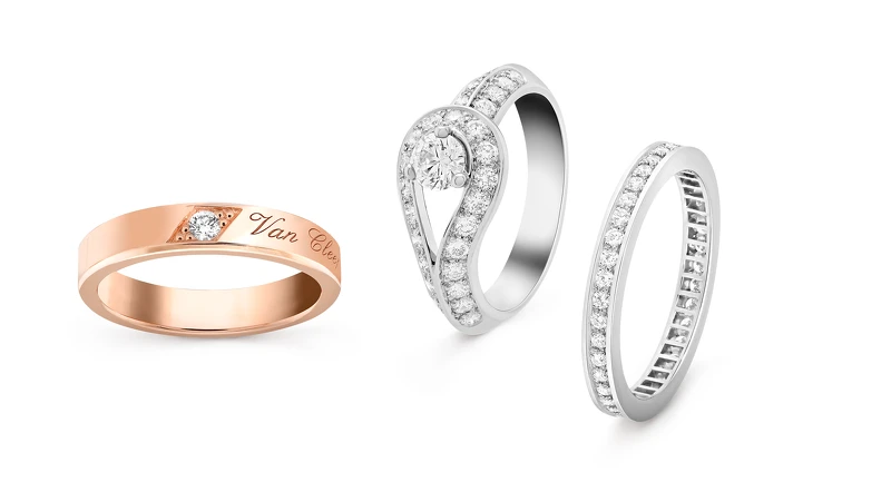 Toujours Signature Etoiles婚戒，4毫米(18K玫瑰金、鑽石)。Couture單顆鑽石戒指，0.30克拉DIF級鑽石(鉑金、鑽石)。Romance婚戒，2.1毫米(鉑金、鑽石)。