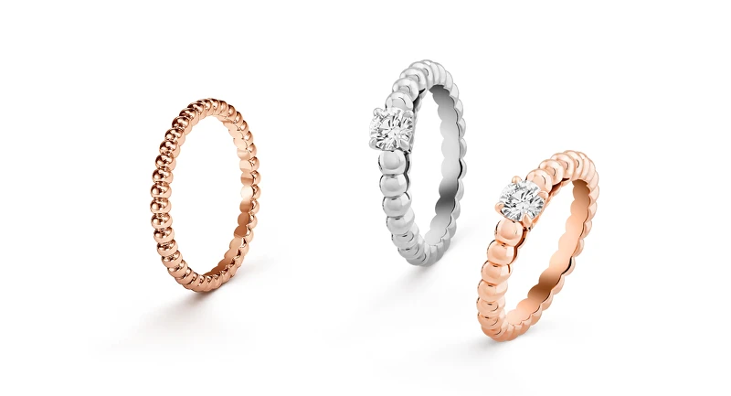 Perlée pearls of gold戒指，中型款式(18K 玫瑰金)。Perlée單顆鑽石戒指，0.30克拉DIF級鑽石(18K白金、鑽石)。Perlée單顆鑽石戒指，0.30克拉DIF級鑽石(18K玫瑰金、鑽石)。