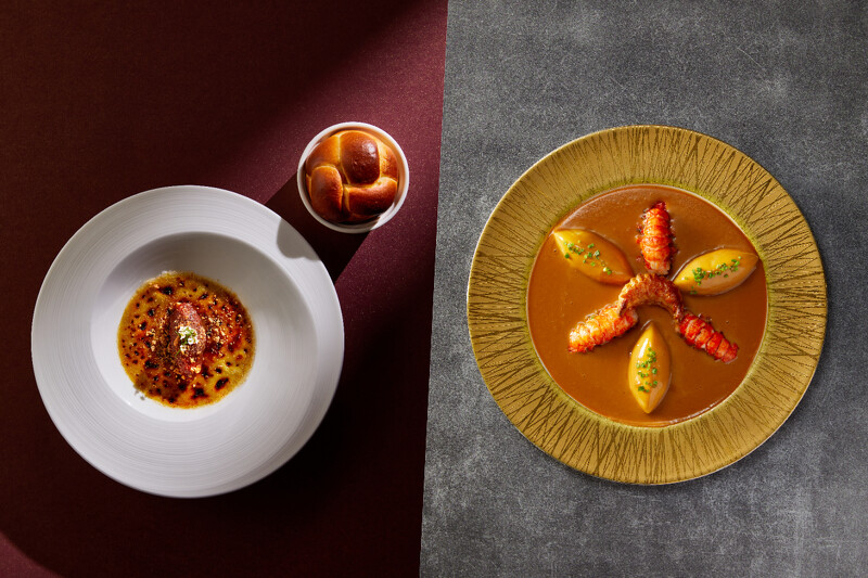 左為焦糖鴨肝布蕾,右為里昂魚丸佐南圖醬汁。 左為焦糖鴨肝布蕾,右為里昂魚丸佐南圖醬汁。