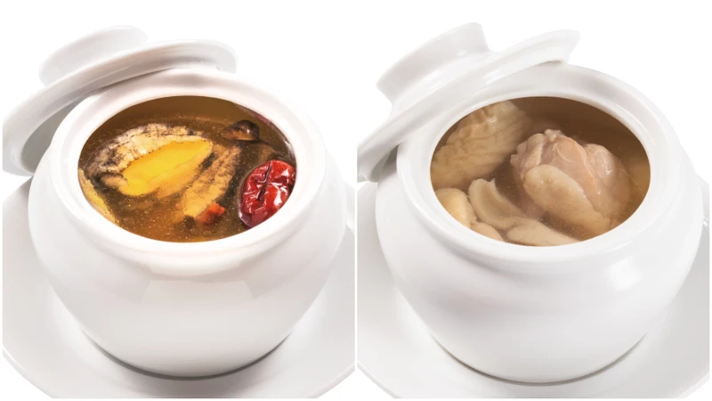 左：鮑魚鹿茸菇燉雞湯、右：胡椒豬肚雞湯