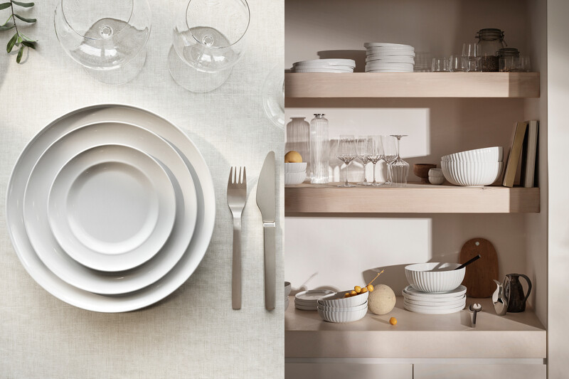 左為「Henning Koppel」系列白瓷餐具精品,右為品牌形象圖。 左為「Henning Koppel」系列白瓷餐具精品,右為品牌形象圖。