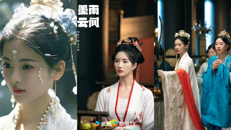 劇中楊超越、劉些寧、吳謹言等女性角色紛紛貼上「珍珠妝」。由左至右：楊超越、劉些寧、吳謹言、李夢