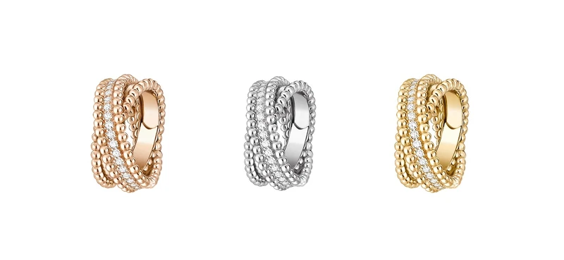左至右:Perlée diamonds duo戒指,(玫瑰金、鑽石)、(白金、鑽石)、(黃K金、鑽石)。 左至右:Perlée diamonds duo戒指,(玫瑰金、鑽石)、(白金、鑽石)、(黃K金、鑽石)。