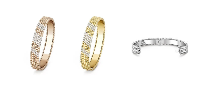 左至右:Perlée diamonds duo手鐲,5排,(玫瑰金、鑽石)、(白金、鑽石)、(黃K金、鑽石)。 左至右:Perlée diamonds duo手鐲,5排,(玫瑰金、鑽石)、(白金、鑽石)、(黃K金、鑽石)。