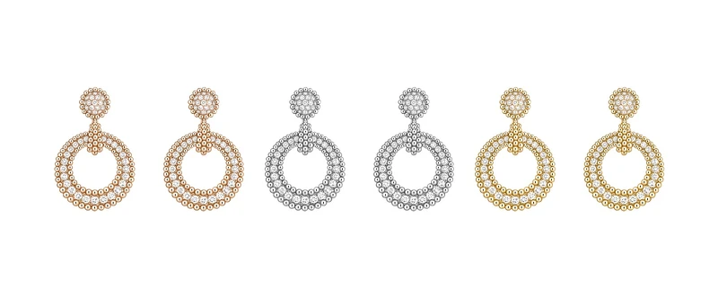 左至右:Perlée diamonds duo耳環,(玫瑰金、鑽石)、(白金、鑽石)、(黃K金、鑽石)。 左至右:Perlée diamonds duo耳環,(玫瑰金、鑽石)、(白金、鑽石)、(黃K金、鑽石)。