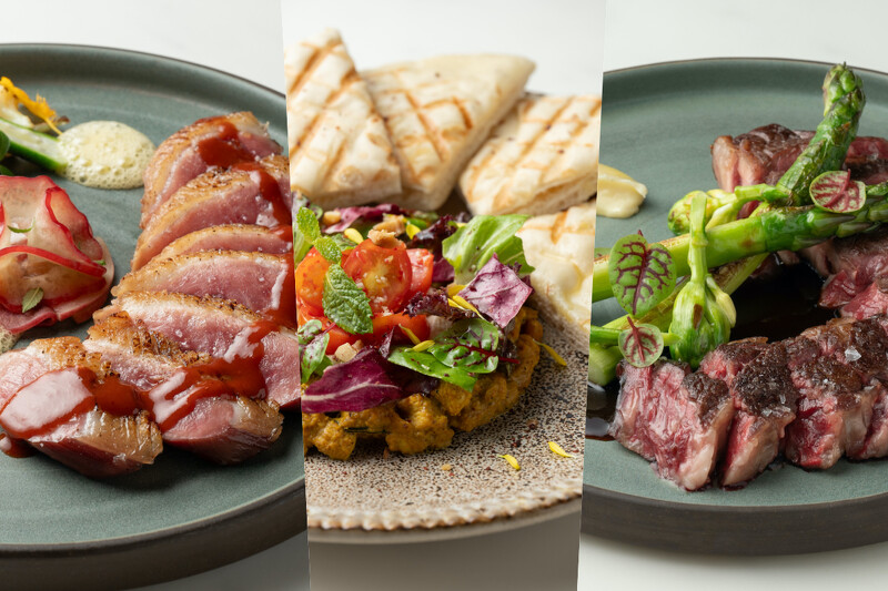 「香醇紅露鴨胸」「香料咖哩雞肉餅」「美國頂級奧瑪哈肋眼牛排」。 「香醇紅露鴨胸」「香料咖哩雞肉餅」「美國頂級奧瑪哈肋眼牛排」。