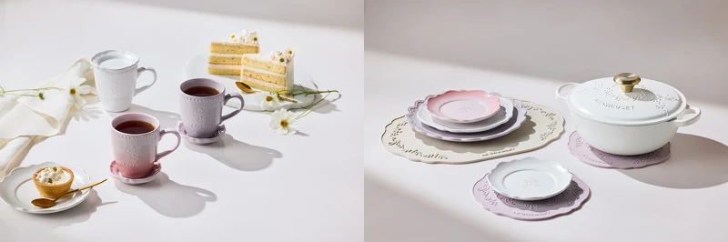 左:永恆花蕾系列馬克杯 330ml 附蓋 (棉花白/柔粉紫/貝殼粉,共三色可選),定價各NT$1,380/個。右:永恆花蕾系列圓盤 27cm (棉花白/柔粉紫/貝殼粉,共三色可選),定價各NT$1,780/個;永恆花蕾系列隔熱墊 (蛋白霜/柔粉紫,共兩色可選),定價各NT$1,280/個;永恆花蕾系列餐墊 (蛋白霜/柔粉紫,共兩色可選),定價各NT$1,680/個。 左:永恆花蕾系列馬克杯 330ml 附蓋 (棉花白/柔粉紫/貝殼粉,共三色可選),定價各NT$1,380/個。右:永恆花蕾系列圓盤 27cm (棉花白/柔粉紫/貝殼粉,共三色可選),定價各NT$1,780/個;永恆花蕾系列隔熱墊 (蛋白霜/柔粉紫,共兩色可選),定價各NT$1,280/個;永恆花蕾系列餐墊 (蛋白霜/柔粉紫,共兩色可選),定價各NT$1,680/個。