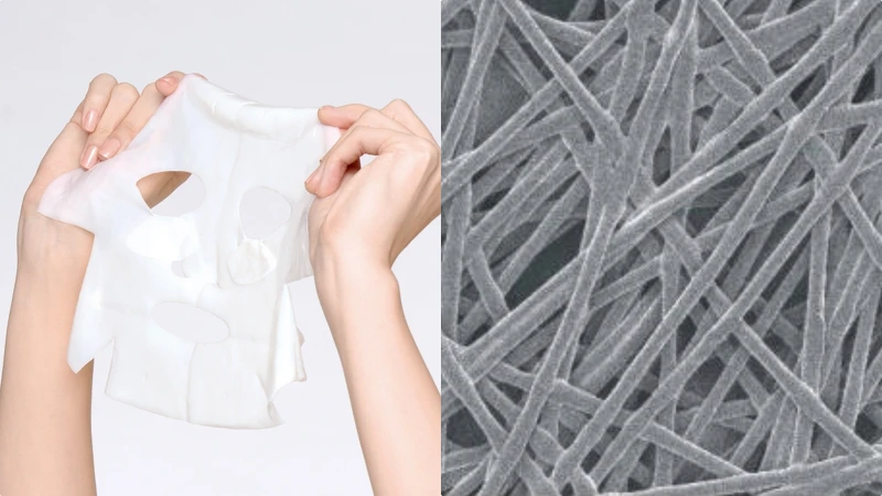 (左)手拿面膜圖、(右)生物纖維。