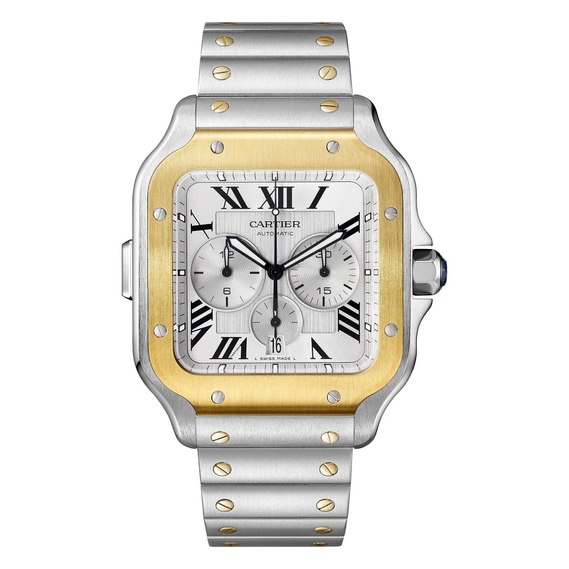 Santos 系列計時碼錶精鋼及18K黃金款,Cartier。 Santos 系列計時碼錶精鋼及18K黃金款,Cartier。