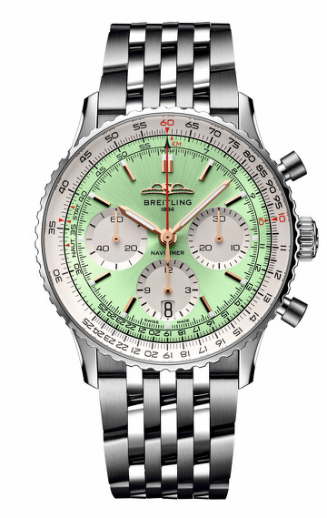Navitimer B01 系列航空計時碼錶,薄荷綠色錶盤鍊帶款,Breitling。 Navitimer B01 系列航空計時碼錶,薄荷綠色錶盤鍊帶款,Breitling。