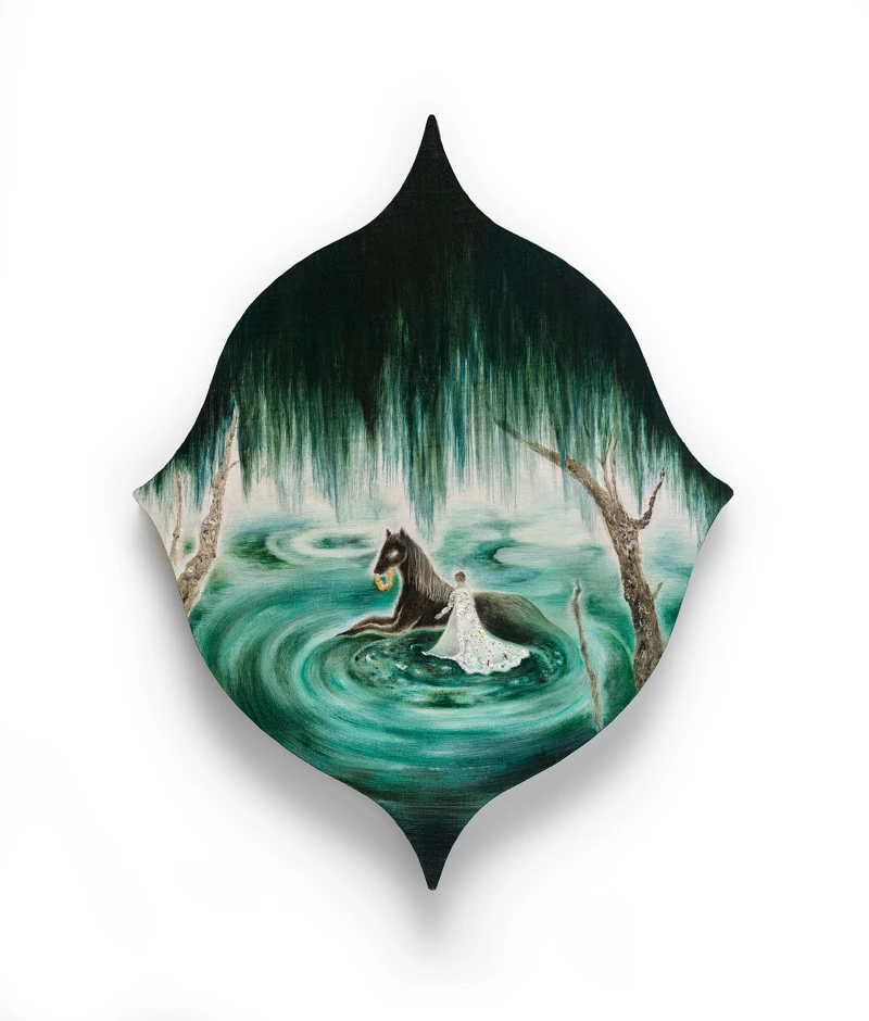 呂紹瑜 Crystal Lupa〈金辮子 Golden Braid〉:油畫與金箔在亞麻布上 oil & gold leaf on linen 58.5 × 45.5 × 3 cm,2024。 呂紹瑜 Crystal Lupa〈金辮子 Golden Braid〉:油畫與金箔在亞麻布上 oil & gold leaf on linen 58.5 × 45.5 × 3 cm,2024。