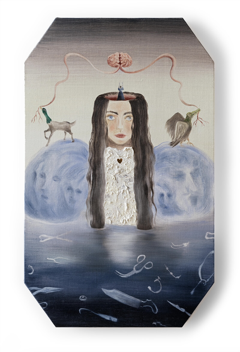 呂紹瑜 Crystal Lupa〈貝拉 Bella〉:油畫與金箔在亞麻布上 oil & gold leaf on linen 60 × 38 × 3 cm,2024。 呂紹瑜 Crystal Lupa〈貝拉 Bella〉:油畫與金箔在亞麻布上 oil & gold leaf on linen 60 × 38 × 3 cm,2024。