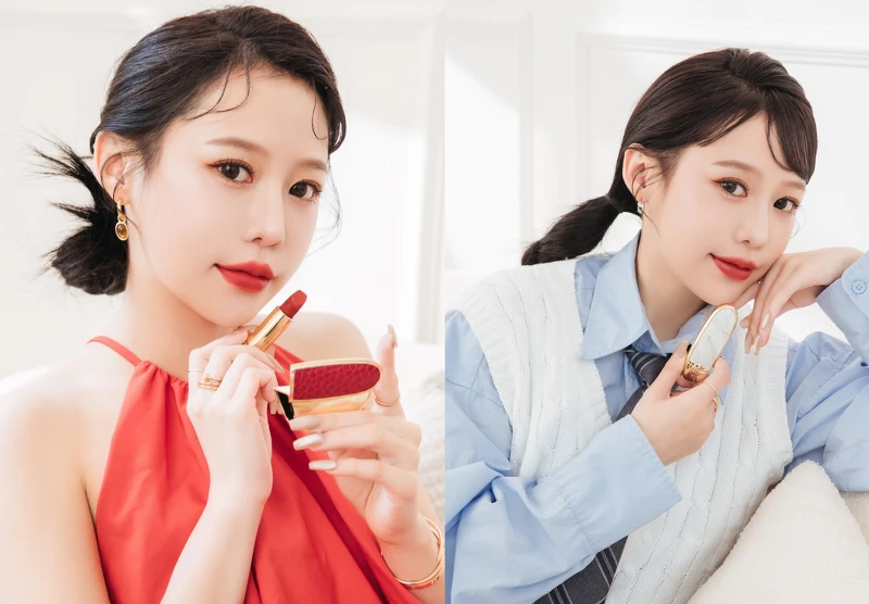 大勢潮紅搭配紅寶之吻高訂絲絨唇膏775；白大理石搭配紅寶之吻高訂緞光唇膏03