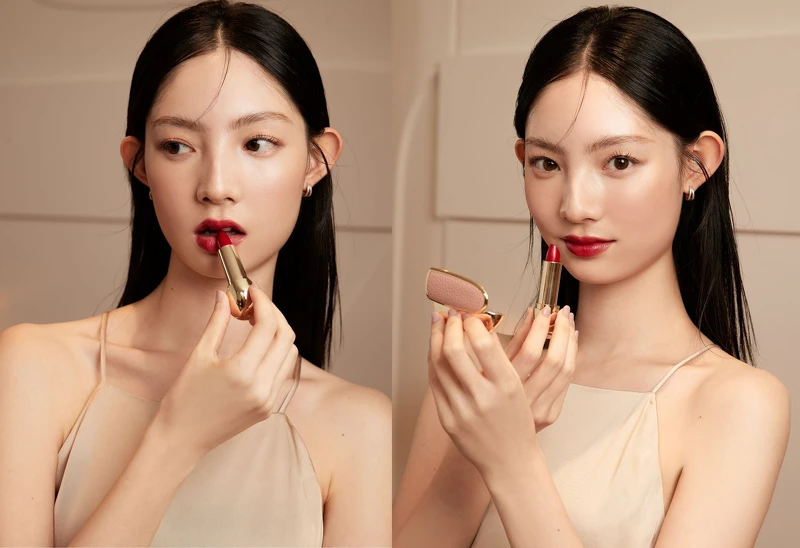 紅寶之吻高訂緞光唇膏214(左)；訂製裸粉搭配紅寶之吻高訂緞光唇膏214(右)