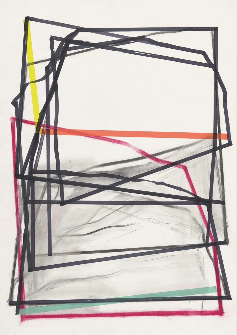 陳以書《假山水系列》,2022,粉彩、木炭、彩色膠帶、麥克筆、紙本,59 x 84公分,圖像由藝術家及臺北市立美術館提供。 陳以書《假山水系列》,2022,粉彩、木炭、彩色膠帶、麥克筆、紙本,59 x 84公分,圖像由藝術家及臺北市立美術館提供。