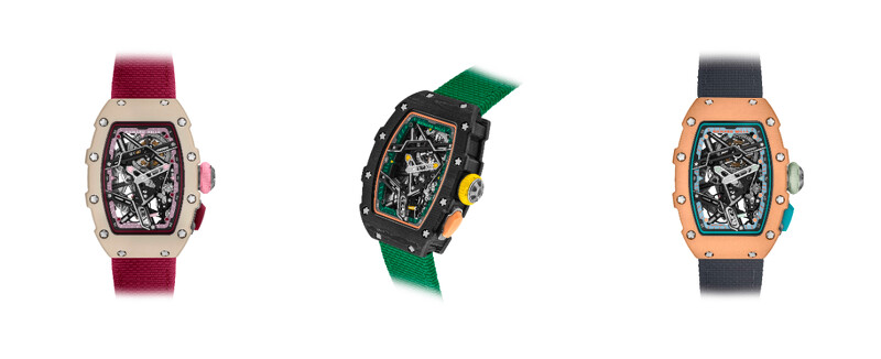 左至右：RM 07-04自動上鍊運動腕錶Quartz TPT®石英纖維款（奶油白色）、RM 07-04自動上鍊運動腕錶Carbon TPT®碳纖維款、RM 07-04自動上鍊運動腕錶Quartz TPT®石英纖維款（鮭魚粉色）。