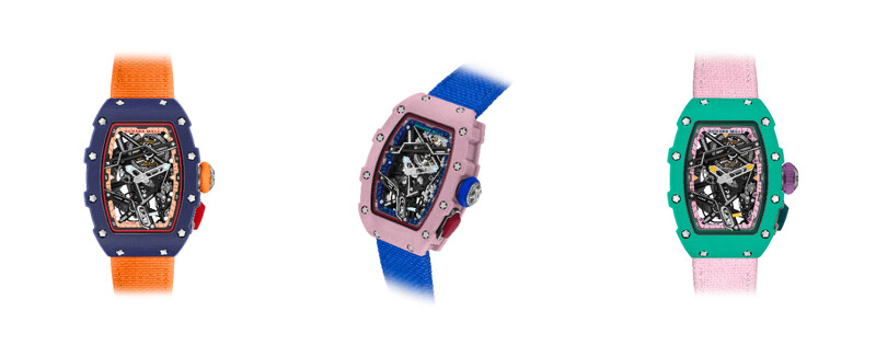 左至右：RM 07-04自動上鍊運動腕錶Quartz TPT®石英纖維款（深藍色）、RM 07-04自動上鍊運動腕錶Quartz TPT®石英纖維款（錦葵紫色）、RM 07-04自動上鍊運動腕錶Quartz TPT®石英纖維款（綠色）。