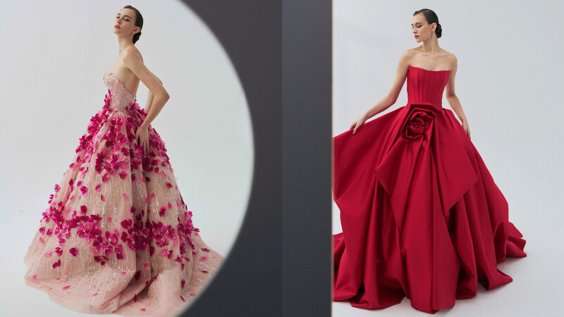 (左)染色羽毛禮服「Dahlia 大理花」,花費3.5個月開出一片燦爛。(右)紅色緞面晚禮服《Rose 薔薇》,使用明豔亮紅絲毛緞布做整件立體剪裁結構。(LinLi Boutique 提供) (左)染色羽毛禮服「Dahlia 大理花」,花費3.5個月開出一片燦爛。(右)紅色緞面晚禮服《Rose 薔薇》,使用明豔亮紅絲毛緞布做整件立體剪裁結構。(LinLi Boutique 提供)
