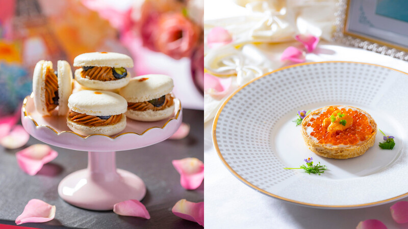 左：鵝肝馬卡龍酸檬醬。右：北海道海膽、挪威生鮭魚、鮭魚卵、法式奶油醬。