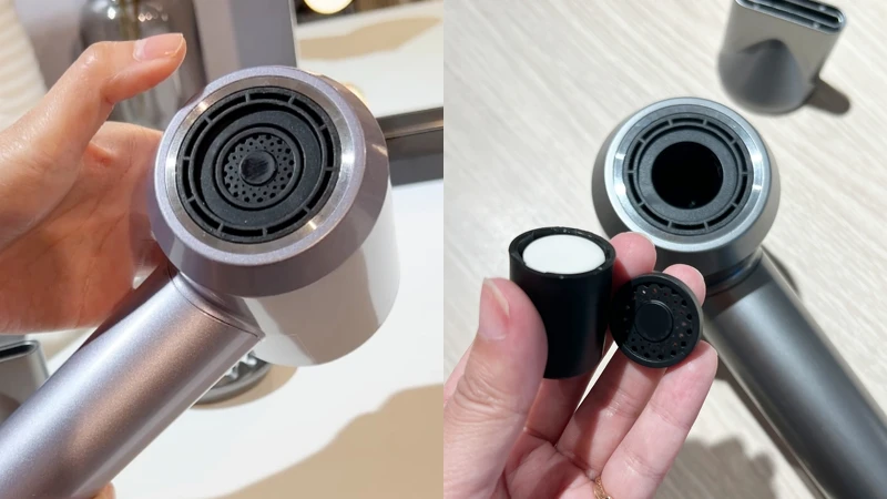 DIKE等離子護髮吹風機的吹嘴中央,內建可安裝護髮錠的設計。 DIKE等離子護髮吹風機的吹嘴中央,內建可安裝護髮錠的設計。