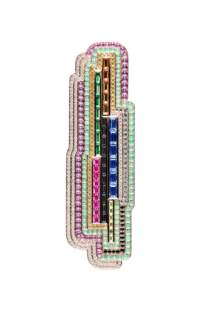 Color Flash胸針,玫瑰金鑲嵌紅寶石、黃、藍及綠色藍寶石、沙弗萊石和錳 鋁榴石、黑色尖晶石、綠玉髓、紫水晶和鑽石。  Color Flash胸針,玫瑰金鑲嵌紅寶石、黃、藍及綠色藍寶石、沙弗萊石和錳 鋁榴石、黑色尖晶石、綠玉髓、紫水晶和鑽石。