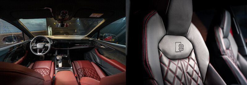 左 : Audi SQ7 室內座艙,右 : Audi Sport紅色縫線套件 左 : Audi SQ7 室內座艙,右 : Audi Sport紅色縫線套件