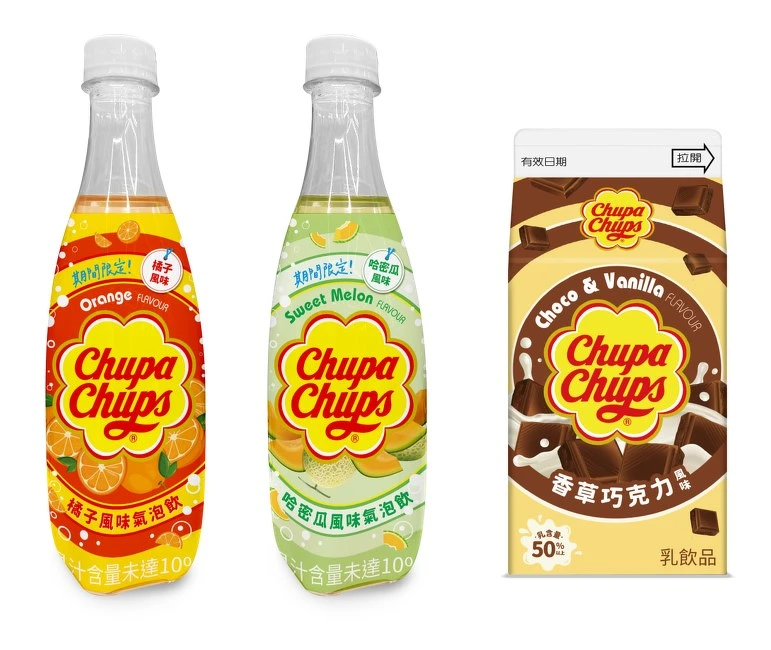 （由左至右）加倍佳橘子風味氣泡飲、加倍佳哈密瓜風味氣泡飲、加倍佳香草巧克力牛奶