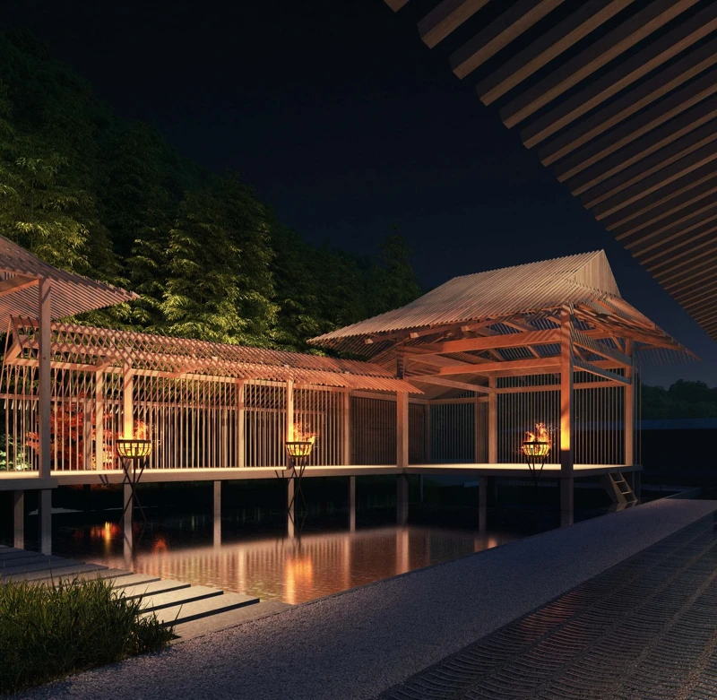 舞台同樣由隈研吾設計,結合傳統與現代的線條。 舞台同樣由隈研吾設計,結合傳統與現代的線條。