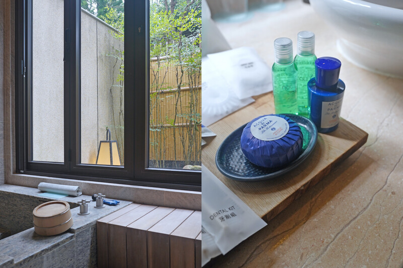 左為獨立湯屋，備品為香氛品牌「Acqua di Parma」。