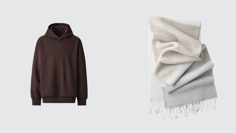 寬版休閒連帽上衣、柔軟舒膚披巾。