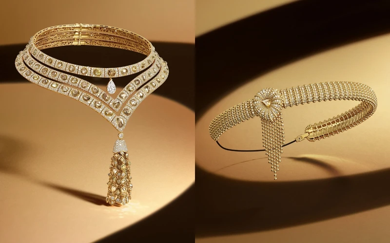 Forces of Nature高級珠寶系列Dignity鑽石流蘇項鍊，De Beers Forces of Nature高級珠寶系列Protection鑽石髮飾。