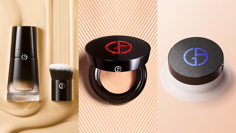 圖片來源: Armani Beauty | 黑曜岩奢光精萃｜30ml定價5,900元（左）、超持妝絲絨水慕斯無瑕氣墊粉餅 定價3,100元（中）、設計師冰絲持妝水蜜粉｜15g定價2,600元（右）