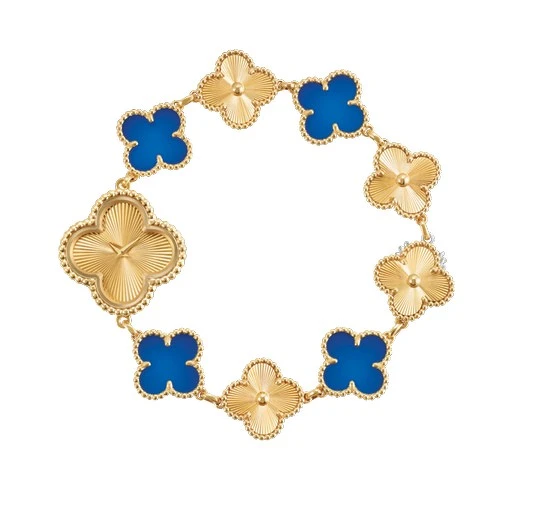 Sweet Alhambra腕錶(黃K金、璣鏤雕花黃K金、藍瑪瑙、瑞士石英機芯) 。