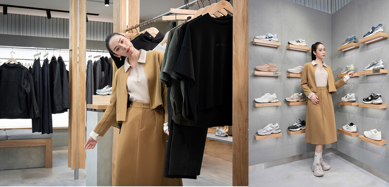 基礎大地色調的ONE TONE穿搭，以修身剪裁及裙裝融入溫柔與性格兼具的風格，配上近期最夯的人氣鞋款WPRD Runner，開啟自在無壓漫遊在城市型走模式