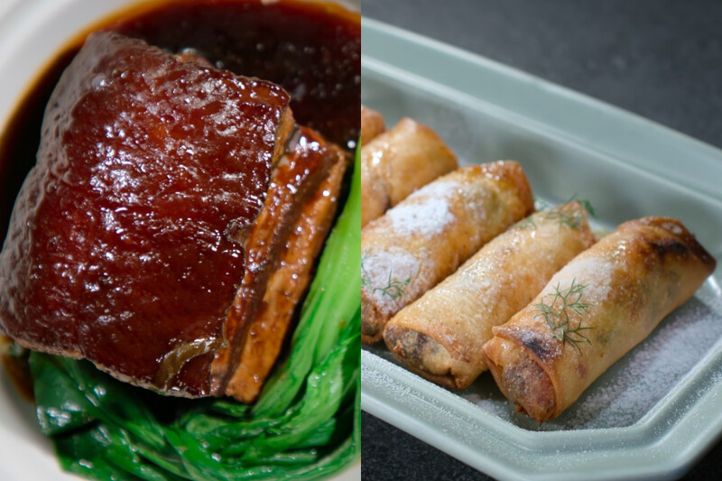 東坡肉跟蟹肉春捲。 東坡肉跟蟹肉春捲。