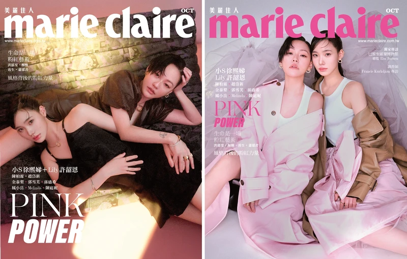 （左圖）小S：咖啡色V領短袖連身裙，Coach。T1黃 K 金鋪鑲鑽石環形耳環、Lock 黃 K 金與白金鋪鑲鑽石項鍊（大型款）、Lock 黃 K 金與白金鋪鑲鑽手環、T1 黃 K 金鋪鑲鑽戒指、Elsa Peretti Bone 黃 K 金戒指，all by Tiffany＆Co.。Lily：黑色塔夫綢蝴蝶結上衣、黑色半身裙，both by Coach。 T1玫瑰 K 金鋪鑲鑽耳夾、Lock 黃 K 金與白金鋪鑲鑽石項鍊（中型款）、Lock 黃 K 金與白金鑲鑽手環（窄版）、Lock 白金手環（窄版）、T1黃 K 金鑽石戒指（窄版）、T1白金鑲鑽戒指、Lock 白金鑲鑽戒指，all by Tiffany＆Co.。（右圖）小S：粉紅色皮革風衣外套、白色背心、黑色長靴，all by Coach。T1黃 K 金鋪鑲鑽石環形耳環、T1黃 K 金鋪鑲鑽戒指、Elsa Peretti Bone 黃 K 金戒指，all by Tiffany＆Co.。Lily：雙排扣皮革風衣、白色背心，both by Coach。T1玫瑰 K 金鋪鑲鑽耳夾、T1玫瑰 K 金鋪鑲鑽石環形耳環、T1玫瑰 K 金鑲鑽戒指、Lock 玫瑰 K 金與白金鑲鑽戒指，all by Tiffany＆Co.。