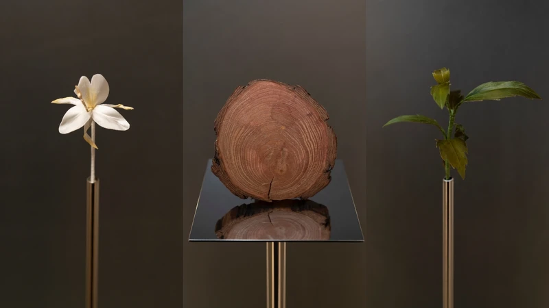 Barénia中使用到的香氛材料,左起為蝴蝶百合、橡木、廣藿香。 Barénia中使用到的香氛材料,左起為蝴蝶百合、橡木、廣藿香。