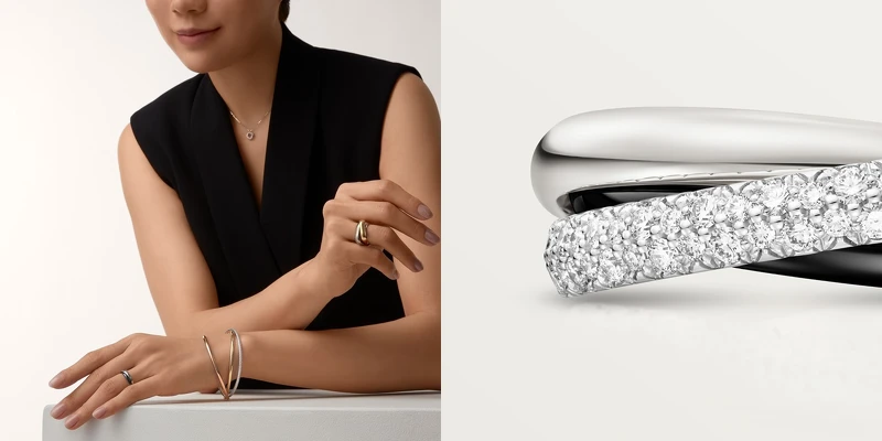 Trinity系列黑色陶瓷鋪鑽戒指，18K白金、陶瓷與鑽石。