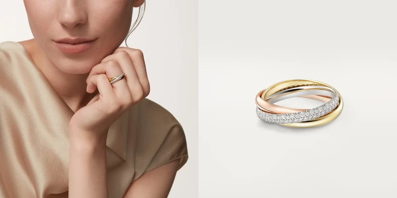 Trinity系列細版鋪鑽戒指，18K金、18K白金、玫瑰金與鑽石。