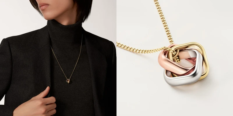 Trinity系列枕形款項鍊，18K金、18K白金與玫瑰金。