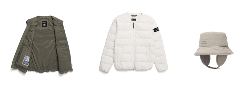 HERON 輕量羽絨背心(KMOCHA)，建議售價NT4,680、HERON 輕量羽絨外套(CRYSTALBEIGE)， 建議售價NT5,780、HERON鋪棉覆耳漁夫帽(BEIGE)，建議售價NT2,180。